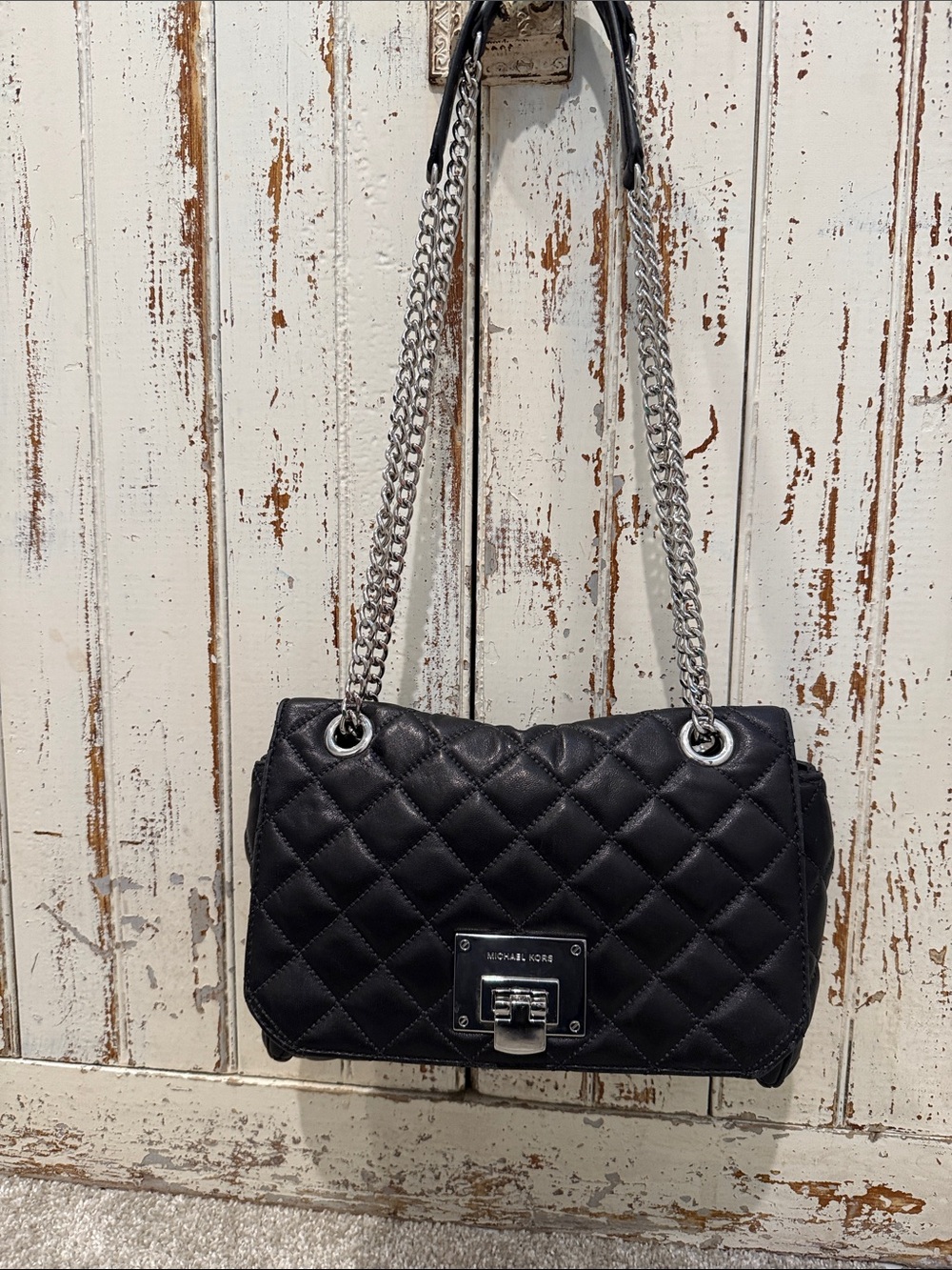 Michael Kors Black Quilted Shoulder Bag with Silver Chain Straps
